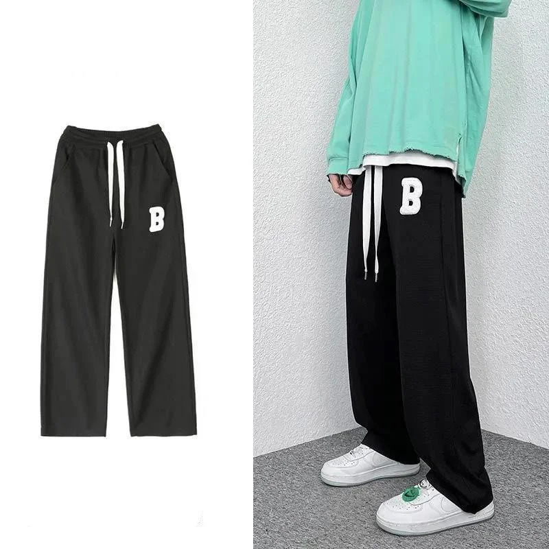 High street sports trend straight casual pants mens embroidery loose elastic waist sports drawstring pocket wide leg Trousers 250103
