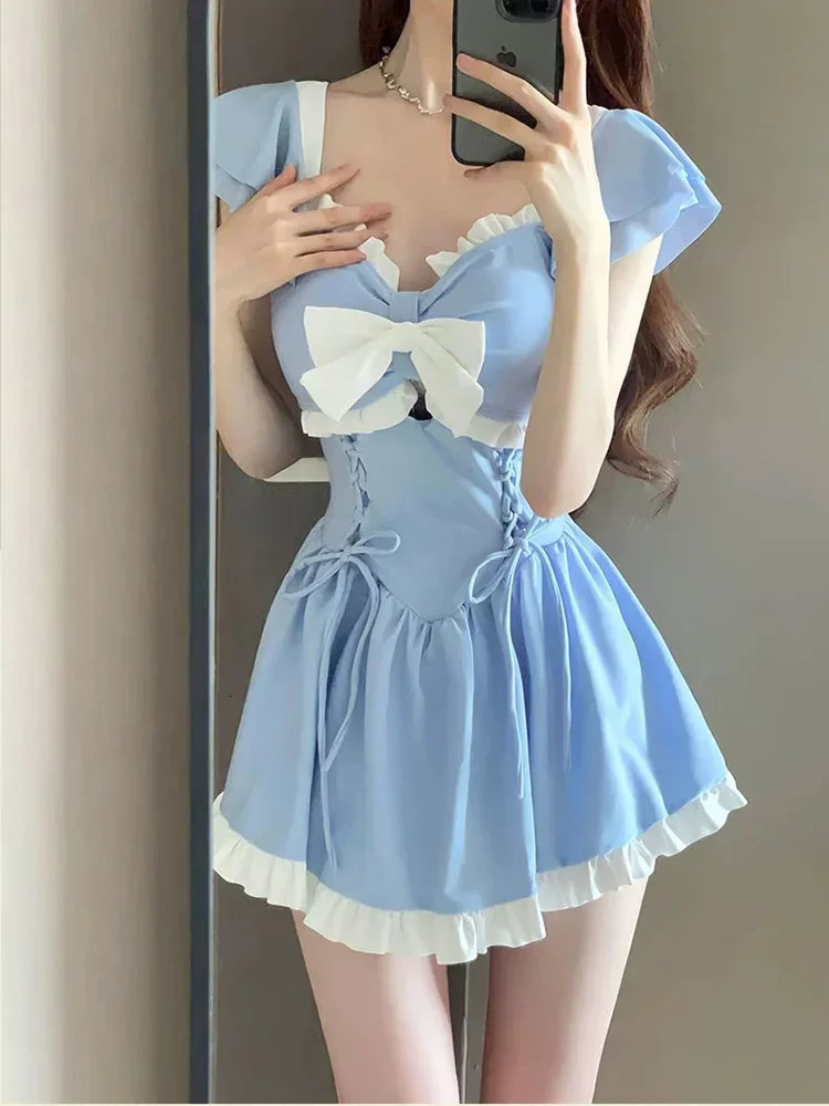 OIINAA Bow Swimming Suit Women Swimwear Sweet Girl Spliced Ruffle Lace Up Chic Fashion One Piece Bodysuit Swimsuit Bathing Dress 250106