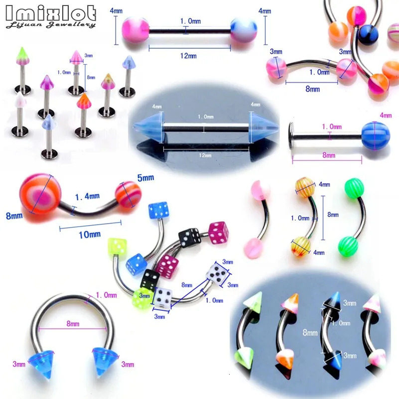 50/100PCS Mixed Acrylic Steel Body Piercing Jewelry Lot Bulk Nose Ring Tongue Bar Navel Eyebrow Lip Labret Piercing Set 250103