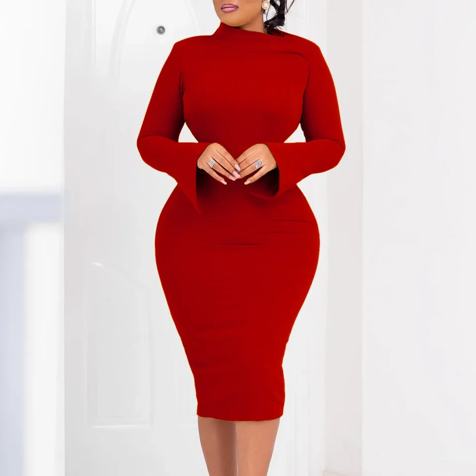 D441 Autumn Winter Long Sleeve Wrap Hip Dress Pure Color Women Clothing African Style 250103