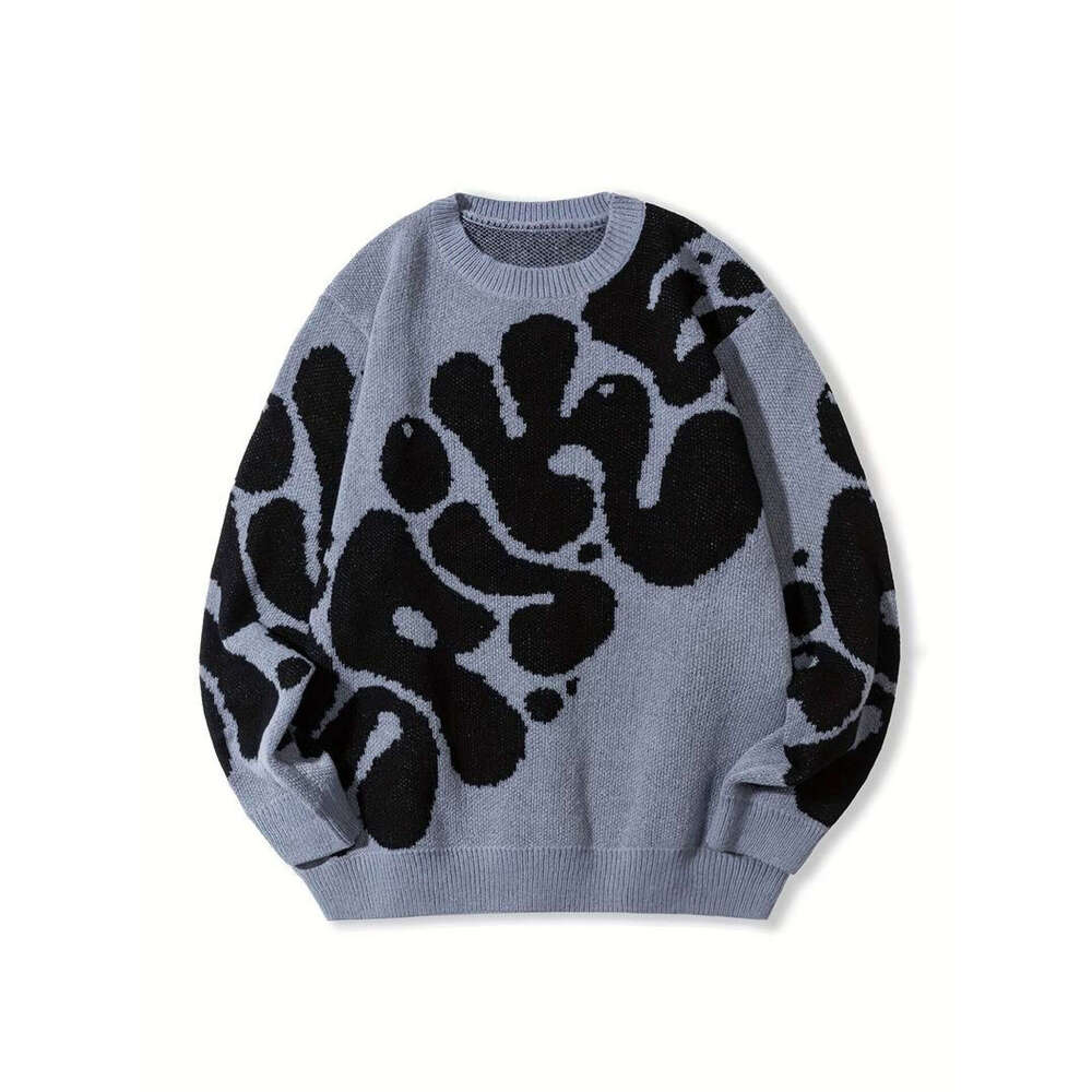 Knitted with letter jacquard pattern round neck long sleeved high street loose sweater dark style