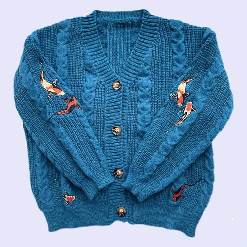 Fashion Koi Fish Embroidery Sweater Women Autumn Winter Vintage V Neck Long Sleeve Knitwear Coat Y2k 250103