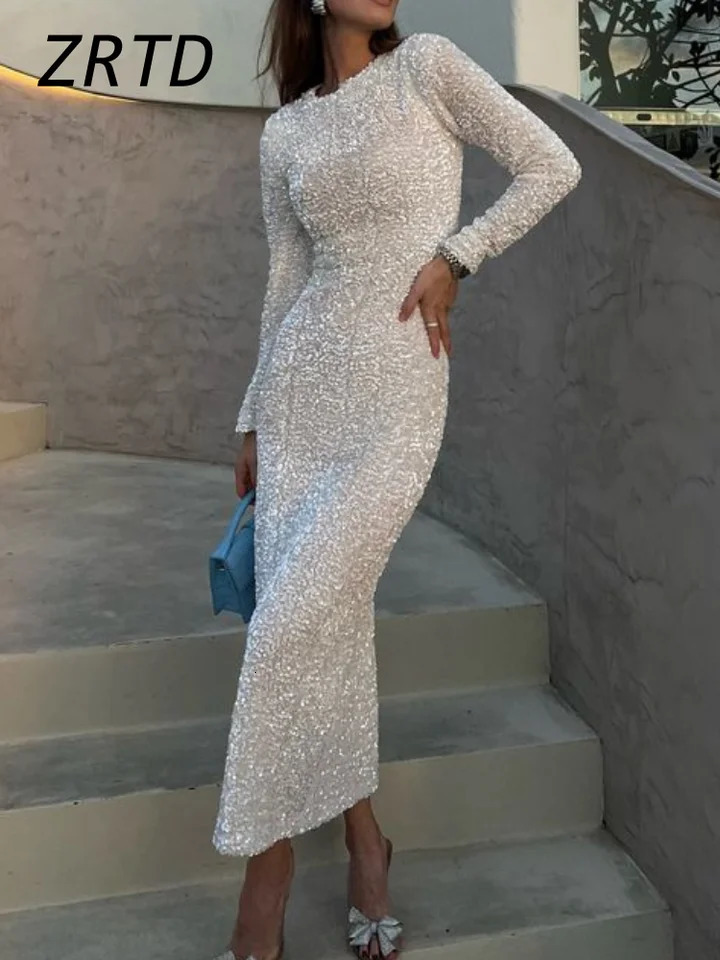 Elegant Sequined Long Party Dress Women Slim Oneck Detachable Full Sleeve Female Dresses Lady Solid Shining Evening Robe 250103