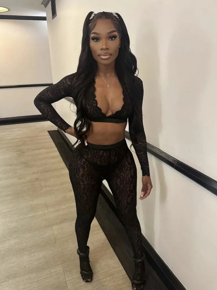 Soefdioo Sexy Lace 2 Piece Set Women Fashion Long Sleeve Crop Tops and Pants Matched Summer Night Party See Through Outfits 250106