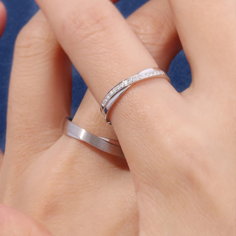 Pure Custom Handcrafted Linked S925 Silver Diamond Mens Womens Couple Rings Engraved Wedding Engagement Gift 250103