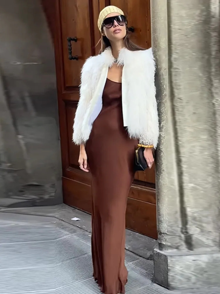 Elegant Solid Color Suspender Satin Dress Sexy Brown Sleeveless Off Shoulder Slim Fit Long Dresses 2025 Evening Party Robes 250103