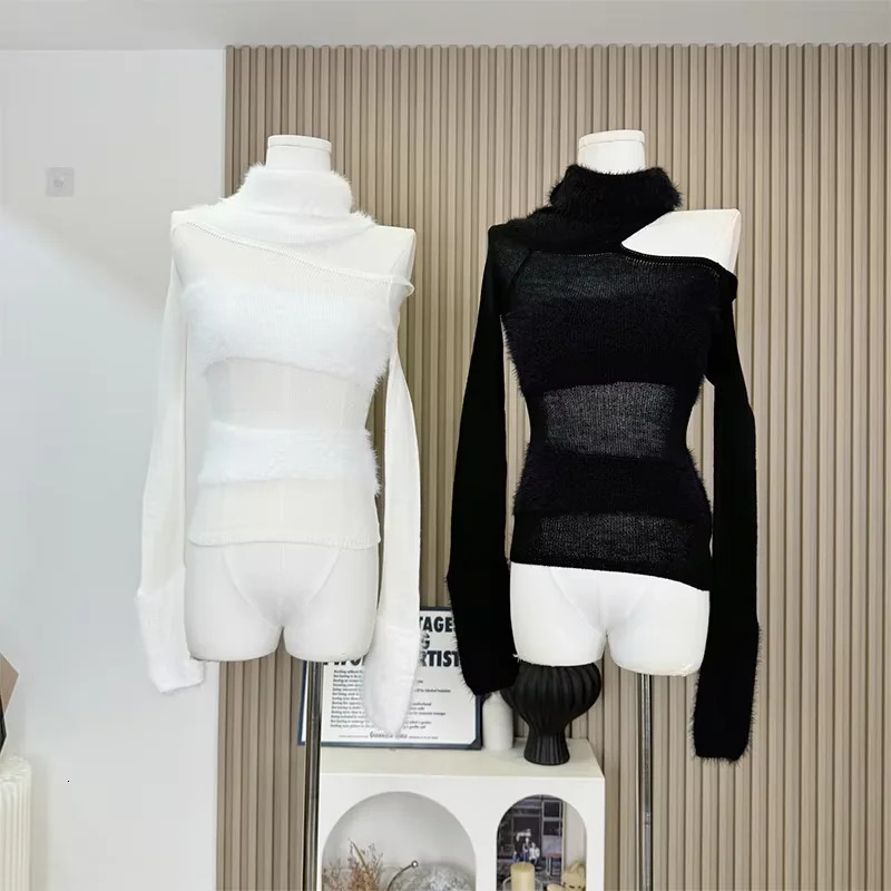 Winter Women Old Money Long Sleeve Cuddly Turtleneck Sweater Knitwear 2000s Jumper Korean Fashion Off Shoulder Gyaru Coquette 250103