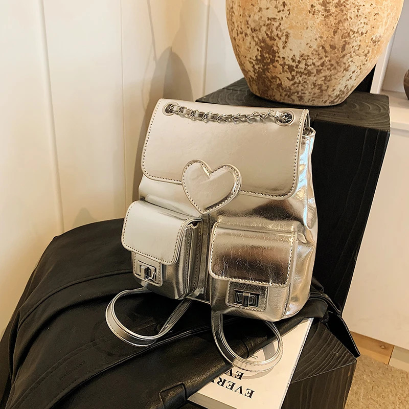 Stylish Bright Silver PU Backpack Solid Heart High Quality Versatile Two-purpose Shoulder Bags for Women Fashion Chains Bag 250102