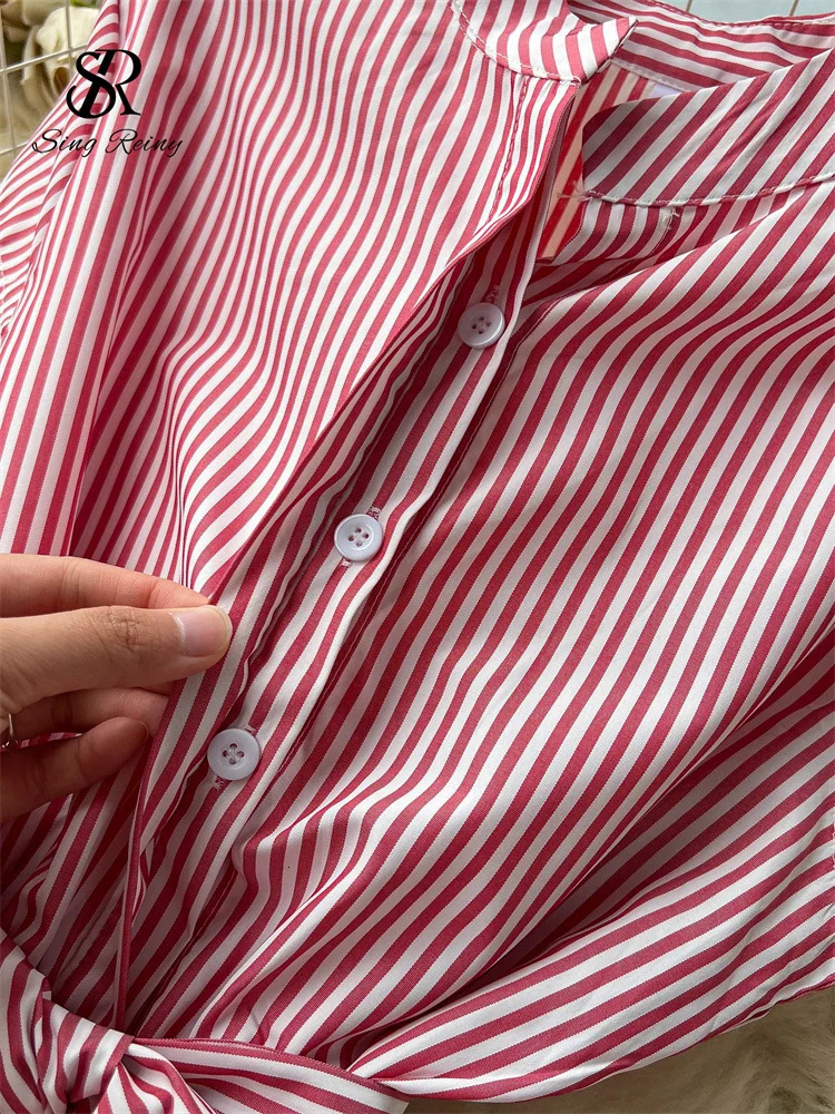 SINGREINY Office Lady Stripe Sundress Covered Button Belt Bow Short Sleeves Women Gentle Korean Style Summer Casual A Line Dress 250103