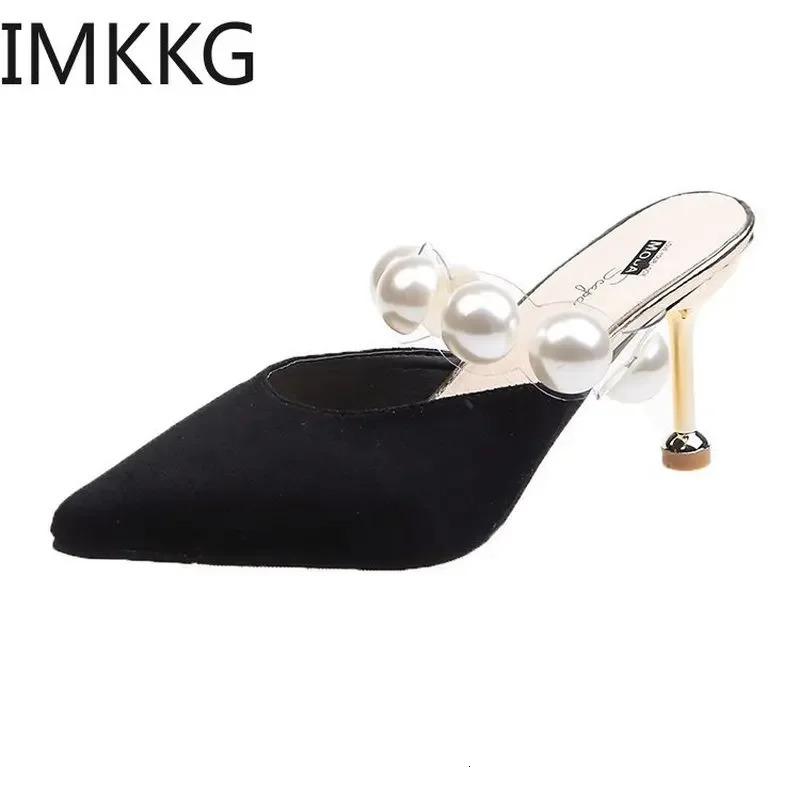 Pearl Black Sandals Women Summer Autumn Shoes Woman Thin Heels Womens Outdoor High Heels Woman mules 250103