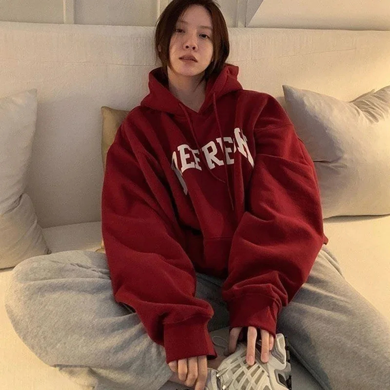 Rimocy Autumn Winter Printed Hoodie Women Korean FashionThicken Hooded Sweatshirts Woman Y2K Streetwear Loose Hoodies 250106