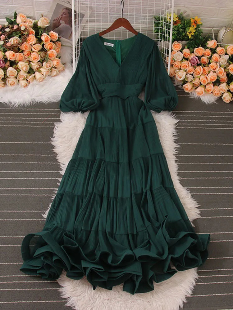 XFPV Elegant Solid Puff Sleeve Folds Long Dress Women Temperament Ruffles Hem Ruched Vestido Female 2025 Summer SM7067 250103