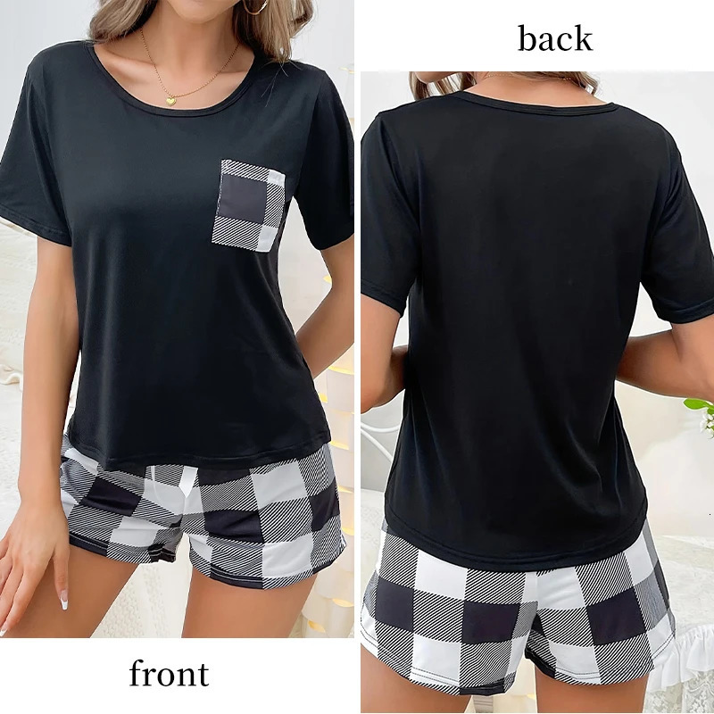Two Piece Womens Black Checkered Casual Sleepwear Set Short Sleeved TShirt and Shorts Printed 250106