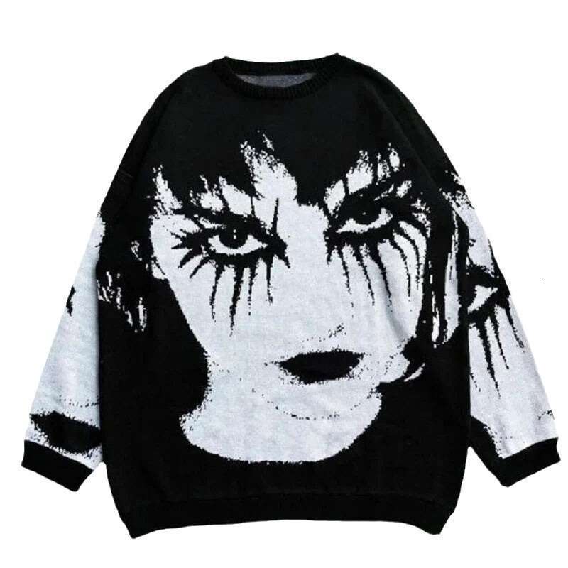 Knitwear Portrait Jacquard Pattern Round Neck Long Sleeve High Street Loose Sweater Dark Style