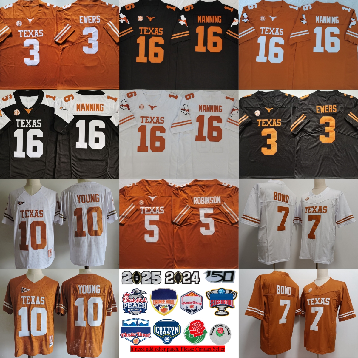 2025 Peach Bowl Patch 100th College Longhorns Jersey Football Stitched 150th Man Women Youth Jerseys