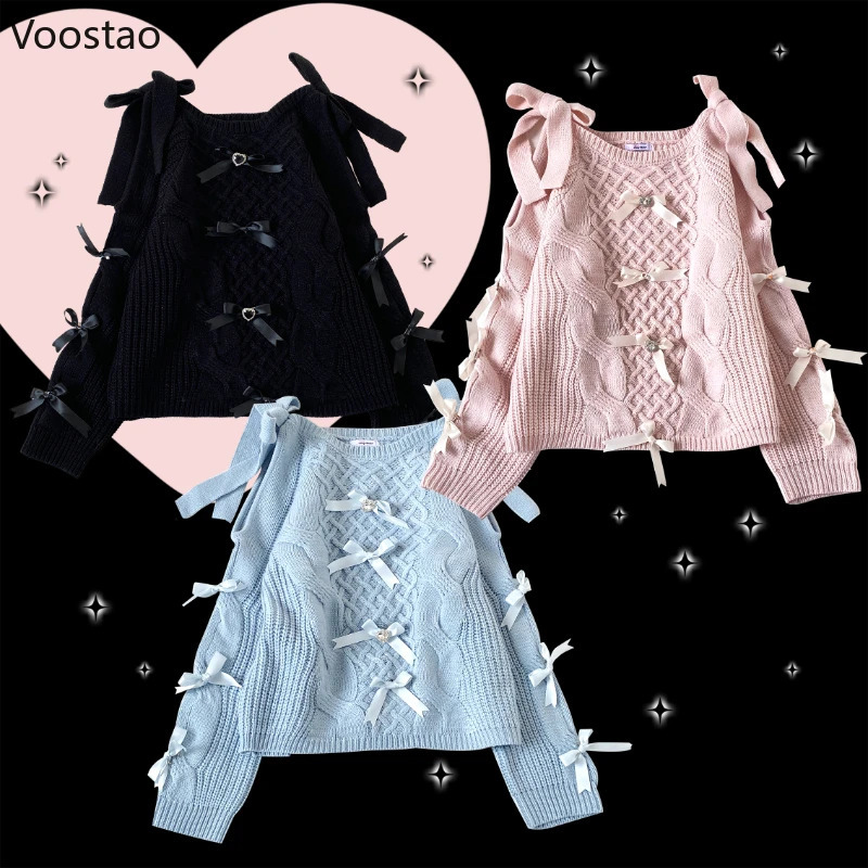 Vintage Sweet Lolita Style Knitted Pullover Autumn Winter Women Cute Off Shoulder Bow Sweater Girls Harajuku Y2k Knitwear Tops 250103