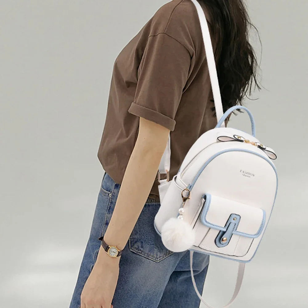 Simple Solid Color Pu Leather Shoulder Backpack Fashion Small Rucksack Cute Mini Travel Backpack Teenager Leather Backpacks 250102