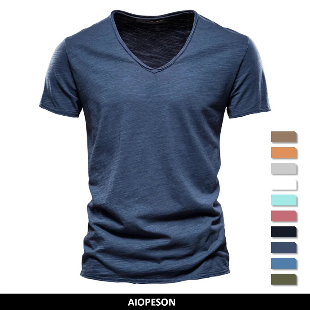 Quality 100% Cotton Men Tshirt Vneck Fashion n Slim Fit Soild Male Tops Tees Short Sleeve 250106