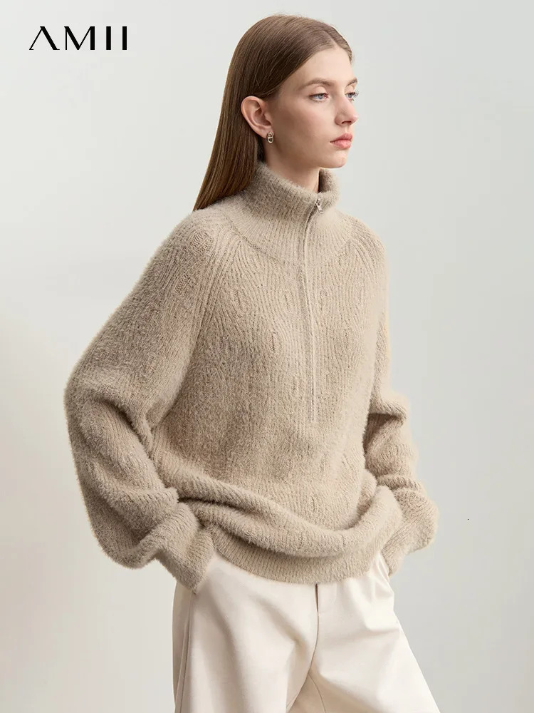 Amii Turtleneck Zipper Semiopen Imitation Mink Needle Sweater Pullovers Winter Womens Loose Shoulder Sleeve Tops 12444266 250103