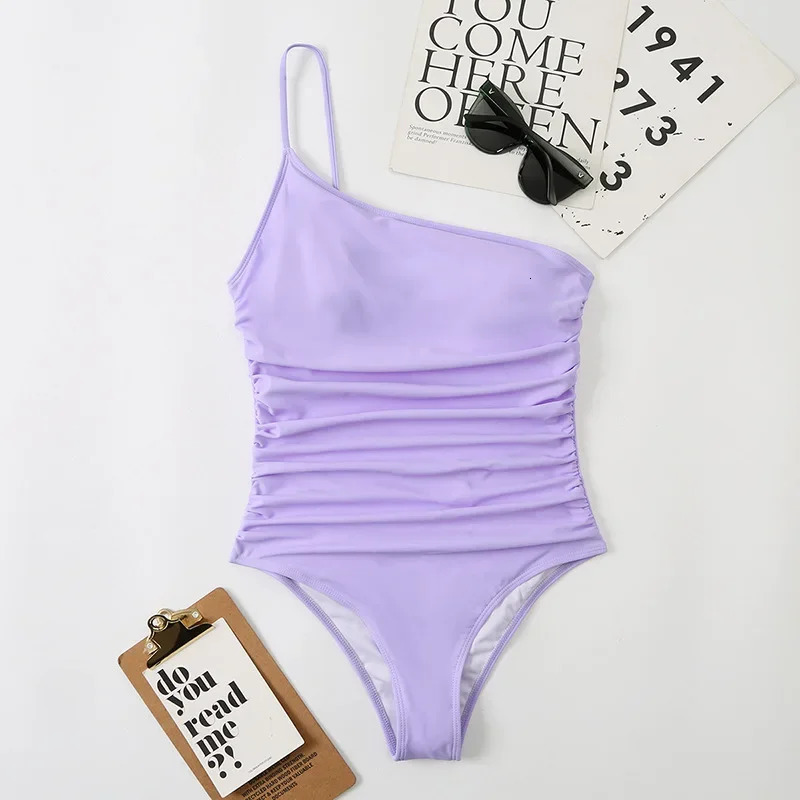 Sexy One Shoulder Piece Swimsuit Women Solid Black Neon Green Push Up Padded Bathing Suit Pleate Swimwear Monokini 250106