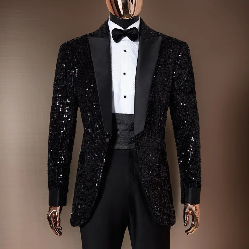 Shining Sequins Men Suits Tuxedo Slim Fit Notched Lapel One Button Blazer with Pants 2 Pcs Tailored Groom Wedding Party Jacket 250103