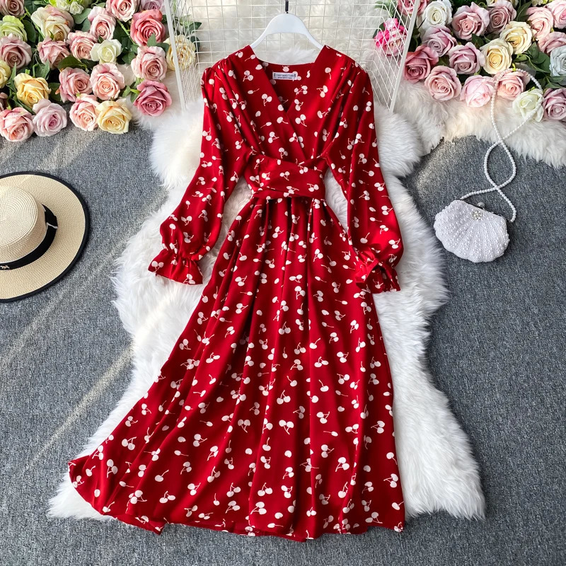 YuooMuoo Korean fashion cherry print womens clothing 2025 spring retro bandage ultra-thin waist long skirt elegant party vest 250103