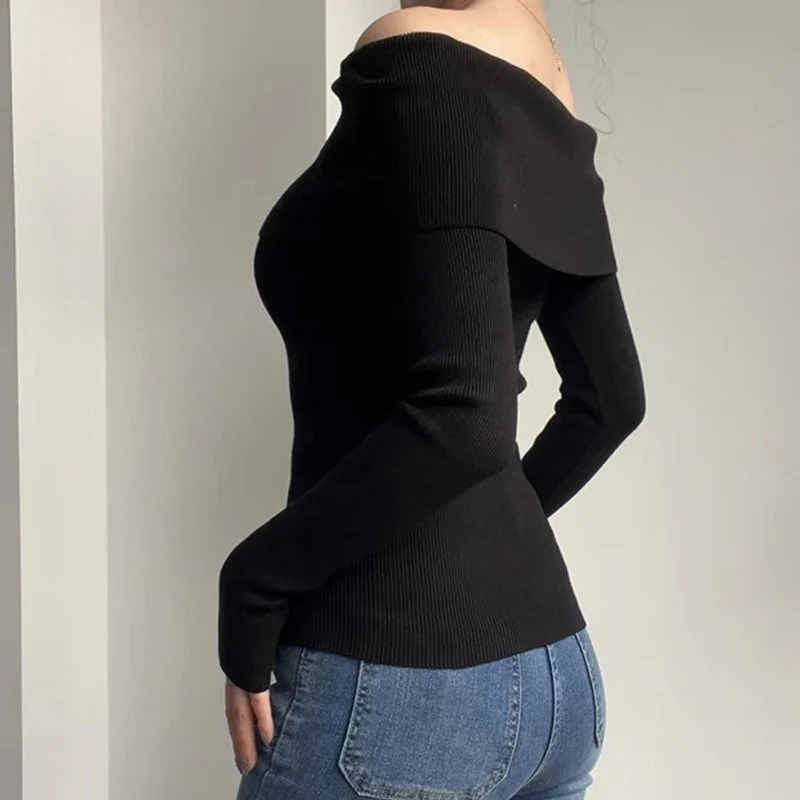 Black Sexy Off Shoulder Knit Tops Solid Slash Neck Long Sleeved Slim Fit Sweater White Elegant Pullover Sueter Mujer 31042 250103