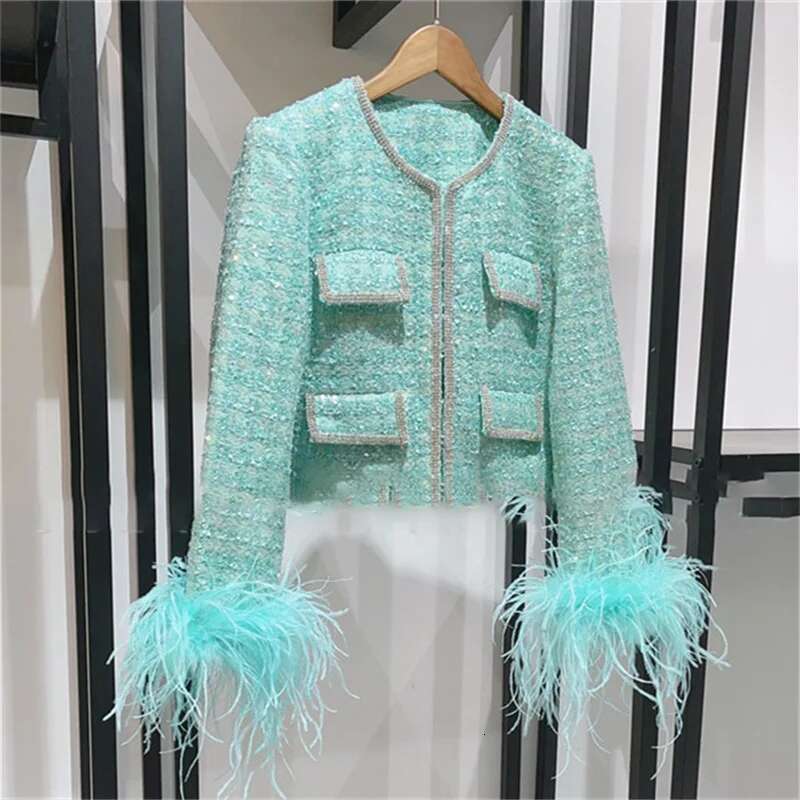 Jacket 2024 Autumn New Outerwears Fashion Sequin Decorative Tweed Long Sleeved Top Feather Patchwork Women Coat Y2k Blouse