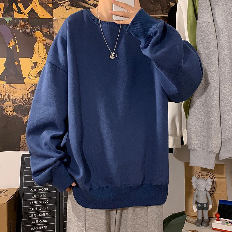 Round neck sweater mens fashion ins white long sleeved t-shirt trend versatile loose new boys spring and autumn clothes