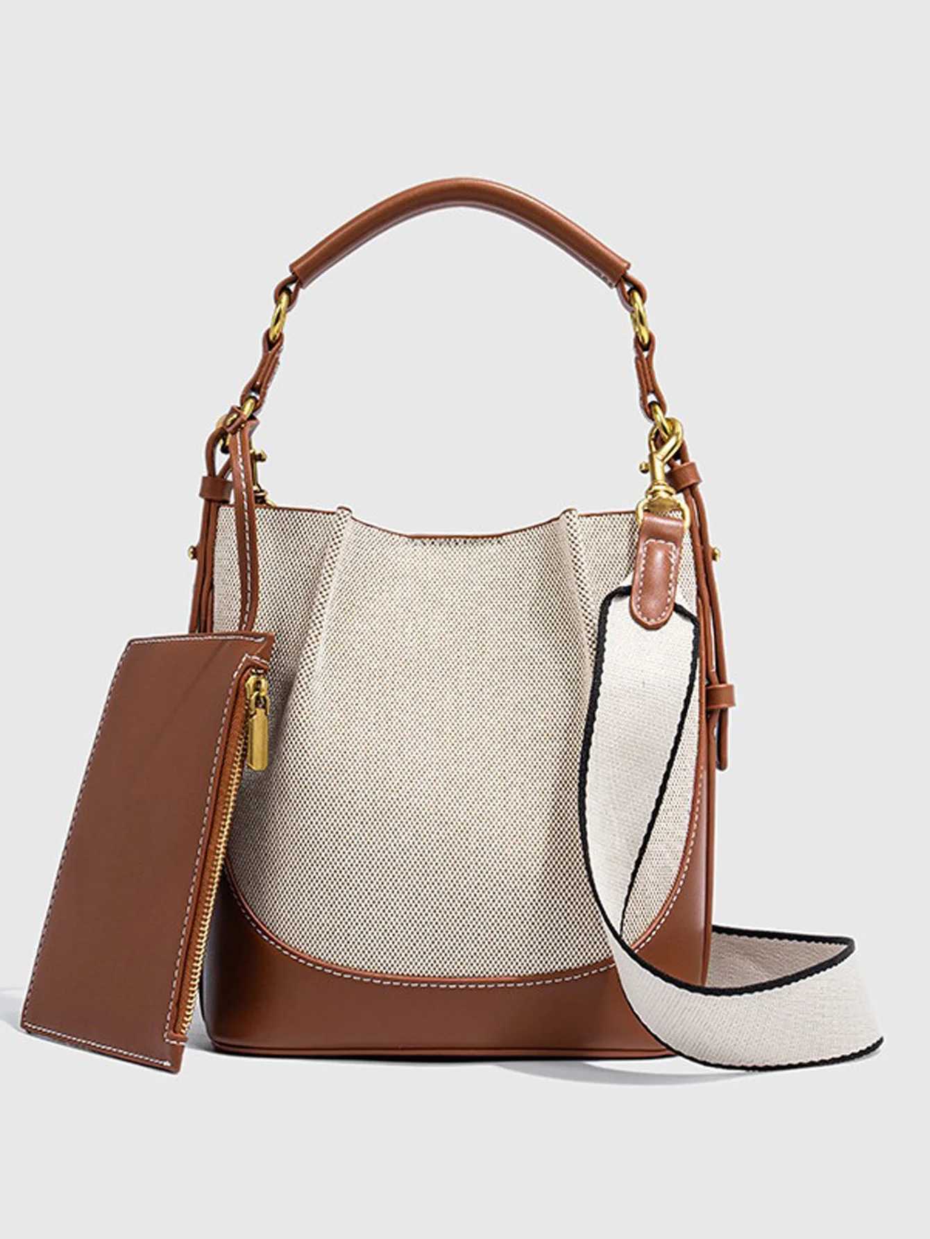 Womens Bag 2024 New Large Capacity Wide Shoulder Strap Single Shoulder Handbag with Bundle Mouth Handheld Crossbody Bucket BagC250106