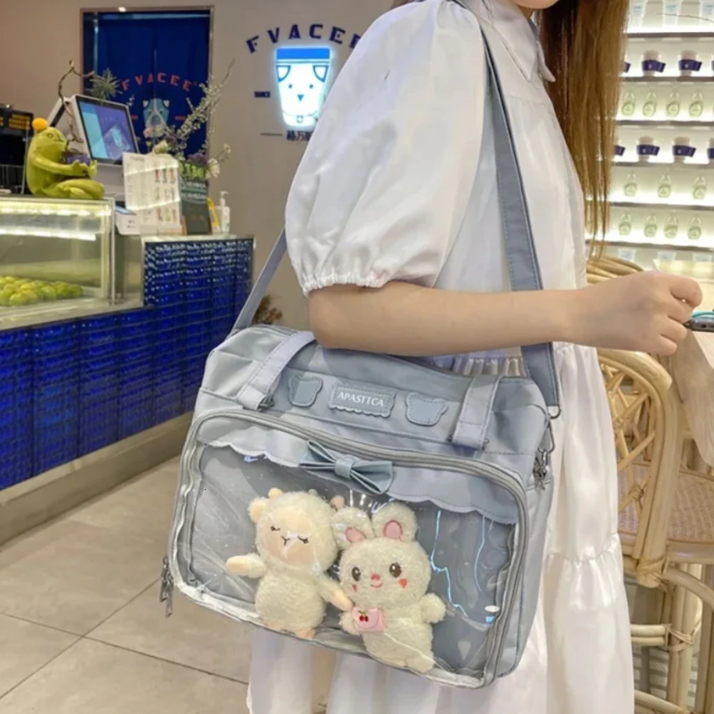 Japanese Cute Transparent Canvas Itabag Fashion Girls One Shoulder Bag Student Personality Crossbody Bag with Badge Doll Ita Bag 250103ww