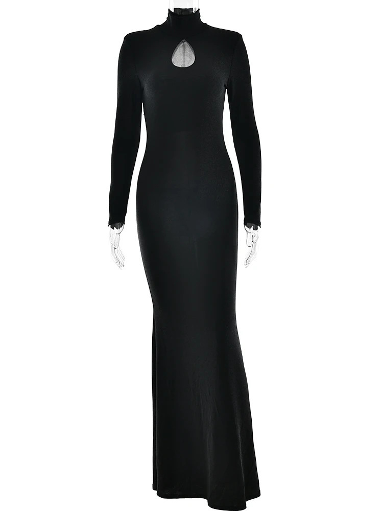 JULISSA MO Turtleneck Glitter Bright Silk Women Maxi Dress Black Hollow Out Long Dress Spring Skinny Elegant Party Evening Dress 250103