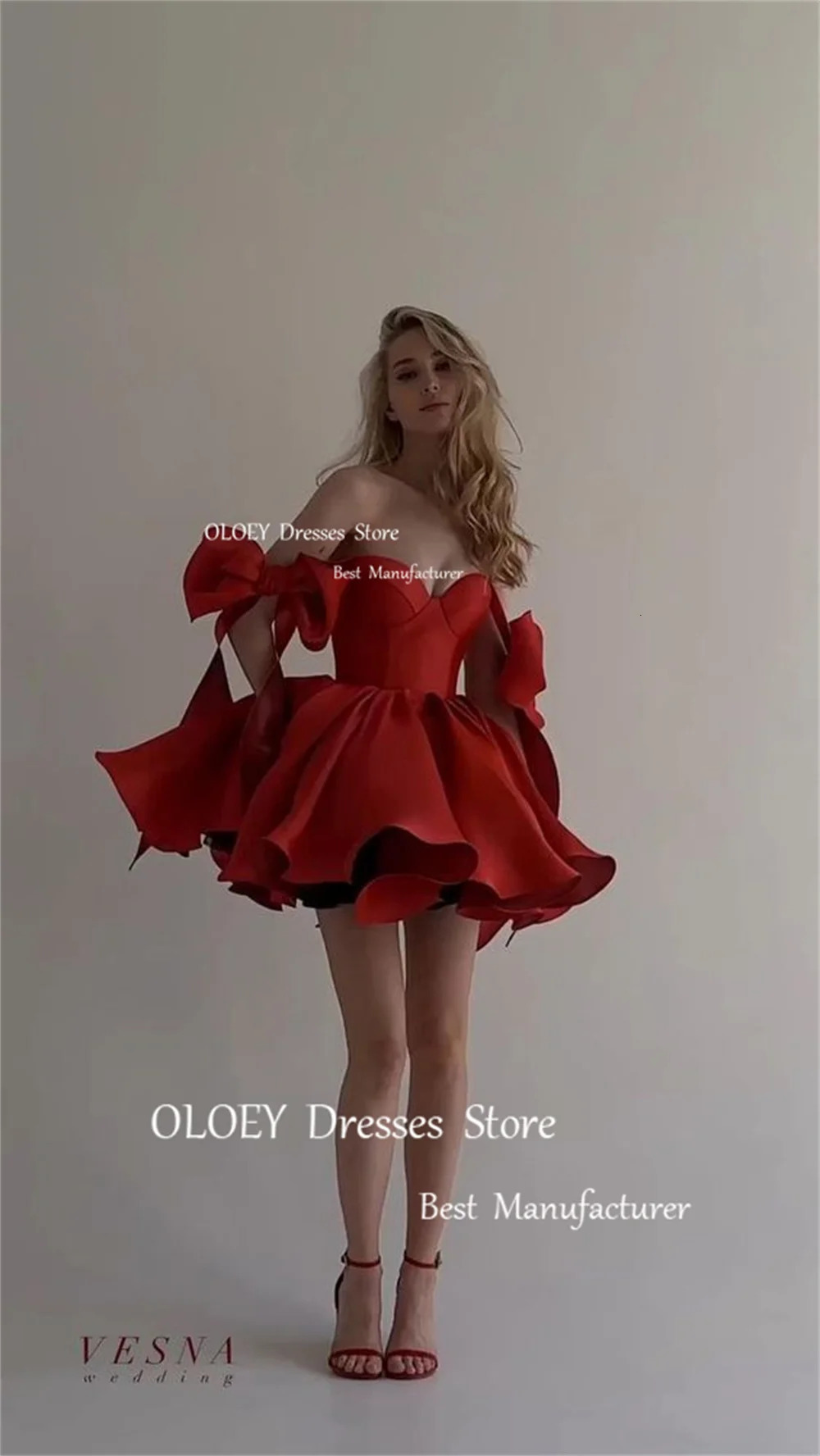 OLOEY Sexy Sweetheart Mini Ball Cocktail Dress Ribbon Bow Sleeve Folded Satin Evening Dress Customized Wedding Party Dress 250103