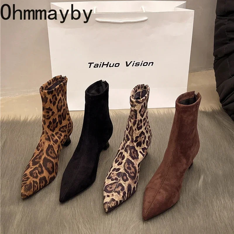 er Leopard Print Women Ankle Boots Fashion Pointed Toe Short Booties Concise Thick Heels Botas De Mujer 250106