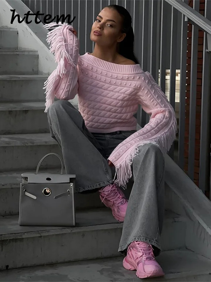 Sexy Tassels Off Shoulder Crop Twist Sweaters Women Solid Slash Neck Long Sleeve Pullover Autumn Lady High Street Sweater 250103