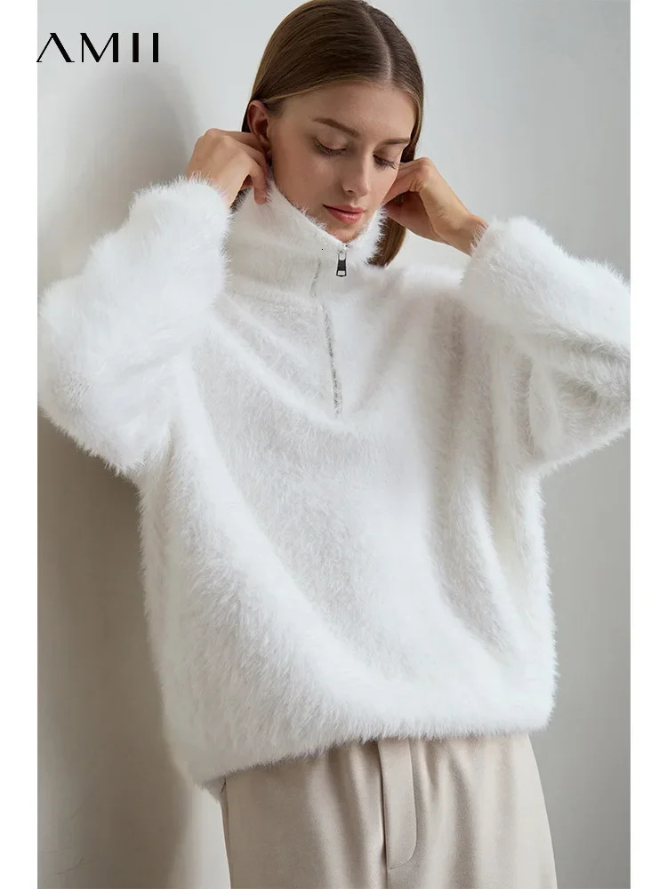 Amii Winter Womens Clothing Turtleneck Zipper Mink Sweater Loose Shoulder Sleeve Pullovers Knitted Tops 12444250 250103