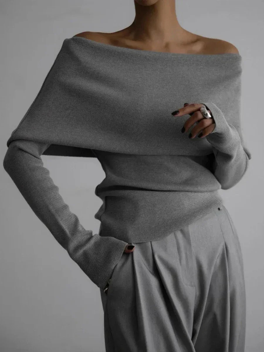 Wolfeel Womens Long Sleeved Knitted Base Shirt Autumn Winter Office Lady Sweater One Shoulder Sexy Slim Fit Off Top 250103