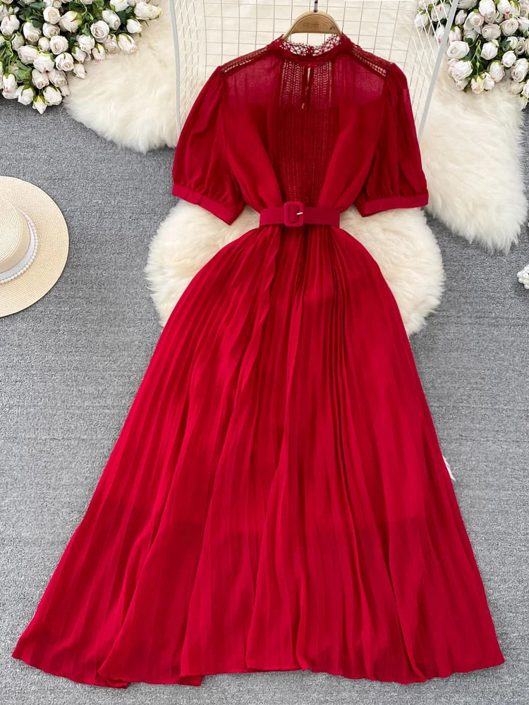 XFPV Elegant Dress Women Lace Belt Short-sleeved Back Zip Pleated Chiffon A-line Vestido Female 2025 Summer Fashion SM7598 250103