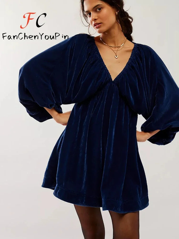Womens Fashion Dresses Casual Velvet Elegant Deep V Neck Mini Dress Vintage Three Quarter Temperament Party Female 250103