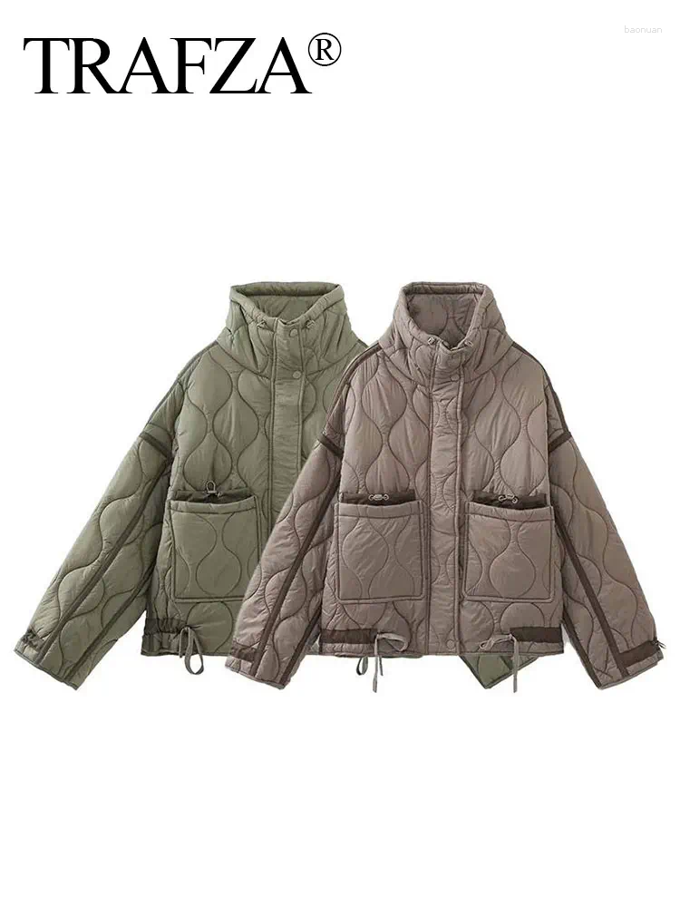 Women's Jackets TRAFZA Women Vintage Solid Quilted Coat Stand Collar Long Sleeve Zipper Jacket Casual Drawstring Pocket Design Winter