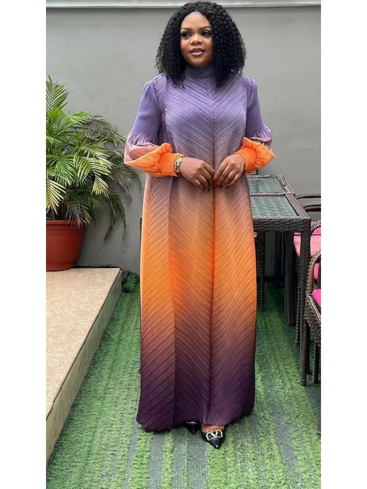 Miyake pleated Maxi long Miyake dress gradient color lantern sleeves half turtle neck womens formal dress item 250103