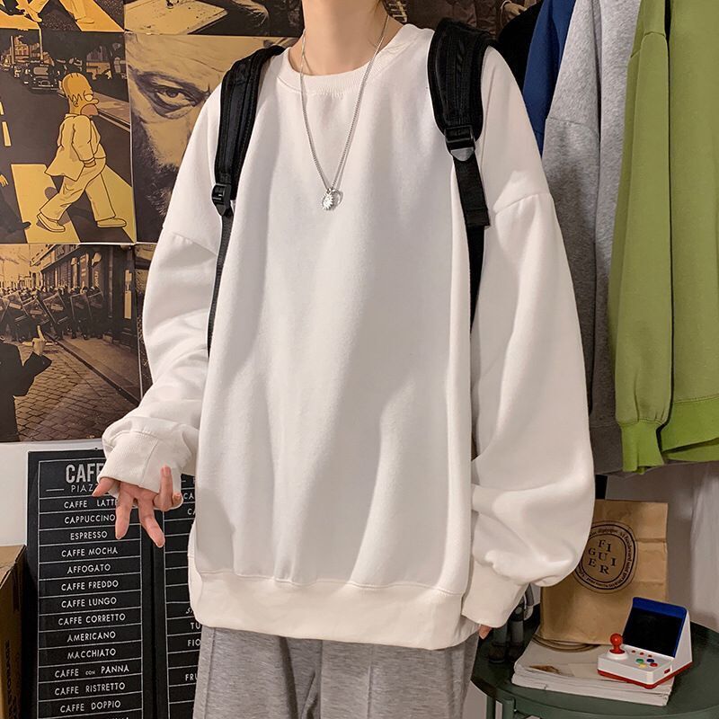 Round neck sweater mens fashion ins white long sleeved t-shirt trend versatile loose new boys spring and autumn clothes