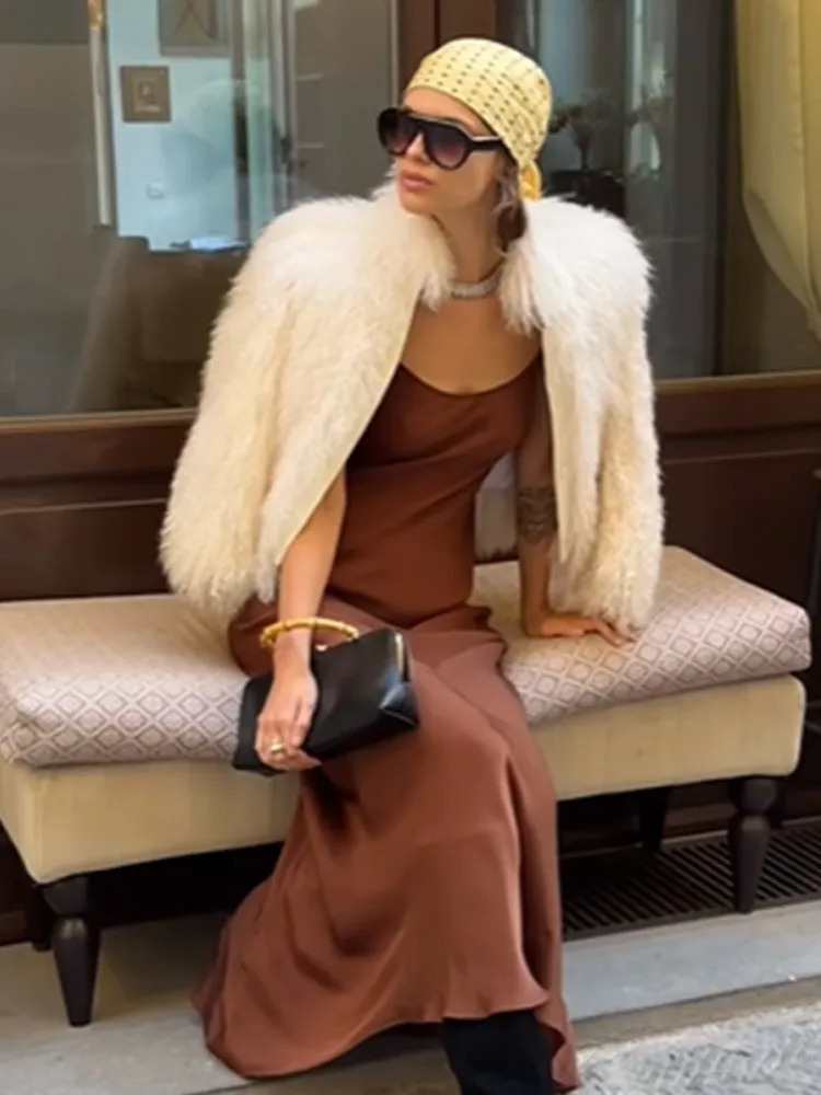 Elegant Solid Color Suspender Satin Dress Sexy Brown Sleeveless Off Shoulder Slim Fit Long Dresses 2025 Evening Party Robes 250103