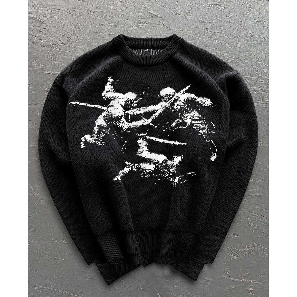 Ins knitted dark pattern jacquard round neck long sleeved high street loose sweater y2k