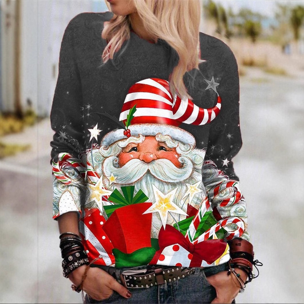 New Model With Free Shipping Women's New Top Loose Round Neck Printed Long Sleeved T-shirt