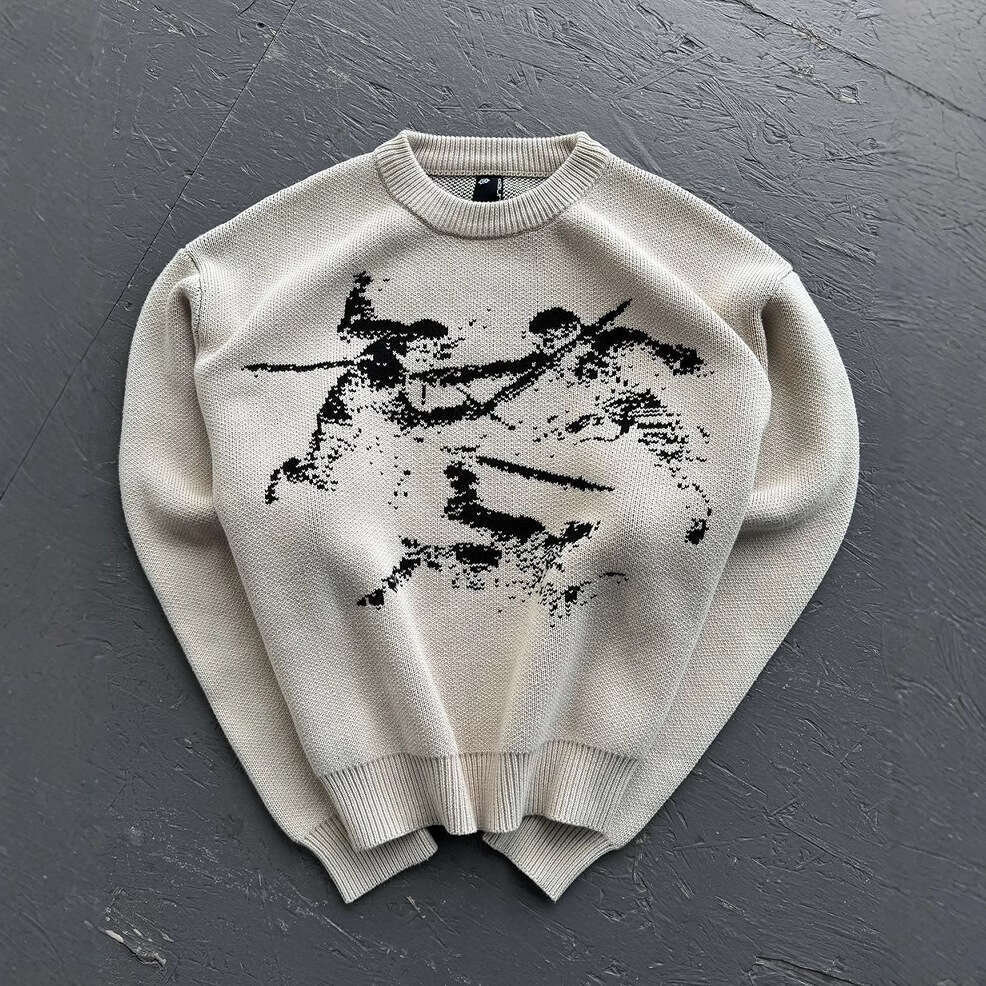 Ins knitted dark pattern jacquard round neck long sleeved high street loose sweater y2k