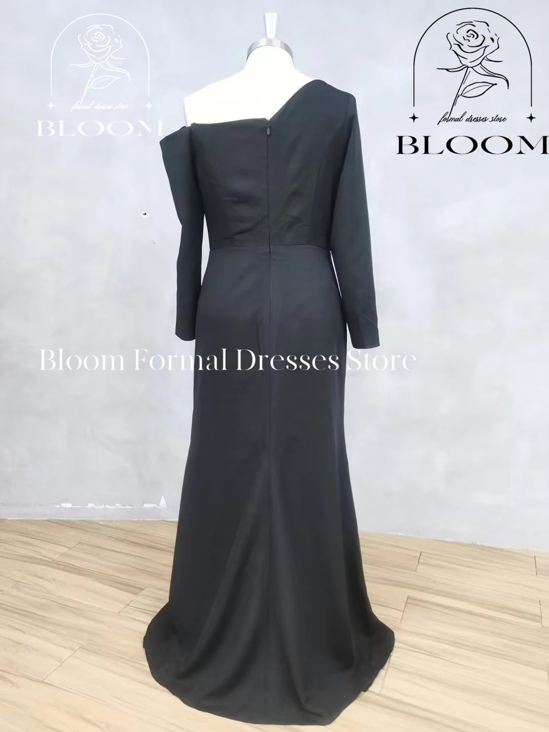 Customized single shoulder silk solid color 3D floral zipper long sleeved custom occasion dress 250103
