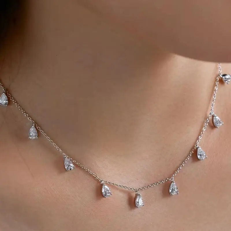 Real S925 Silver Droplet Necklace Women Diamond 9 Charm Pendant Necklace Jewelry Shiny 5A Zircon Girl Gift Female Party 250106