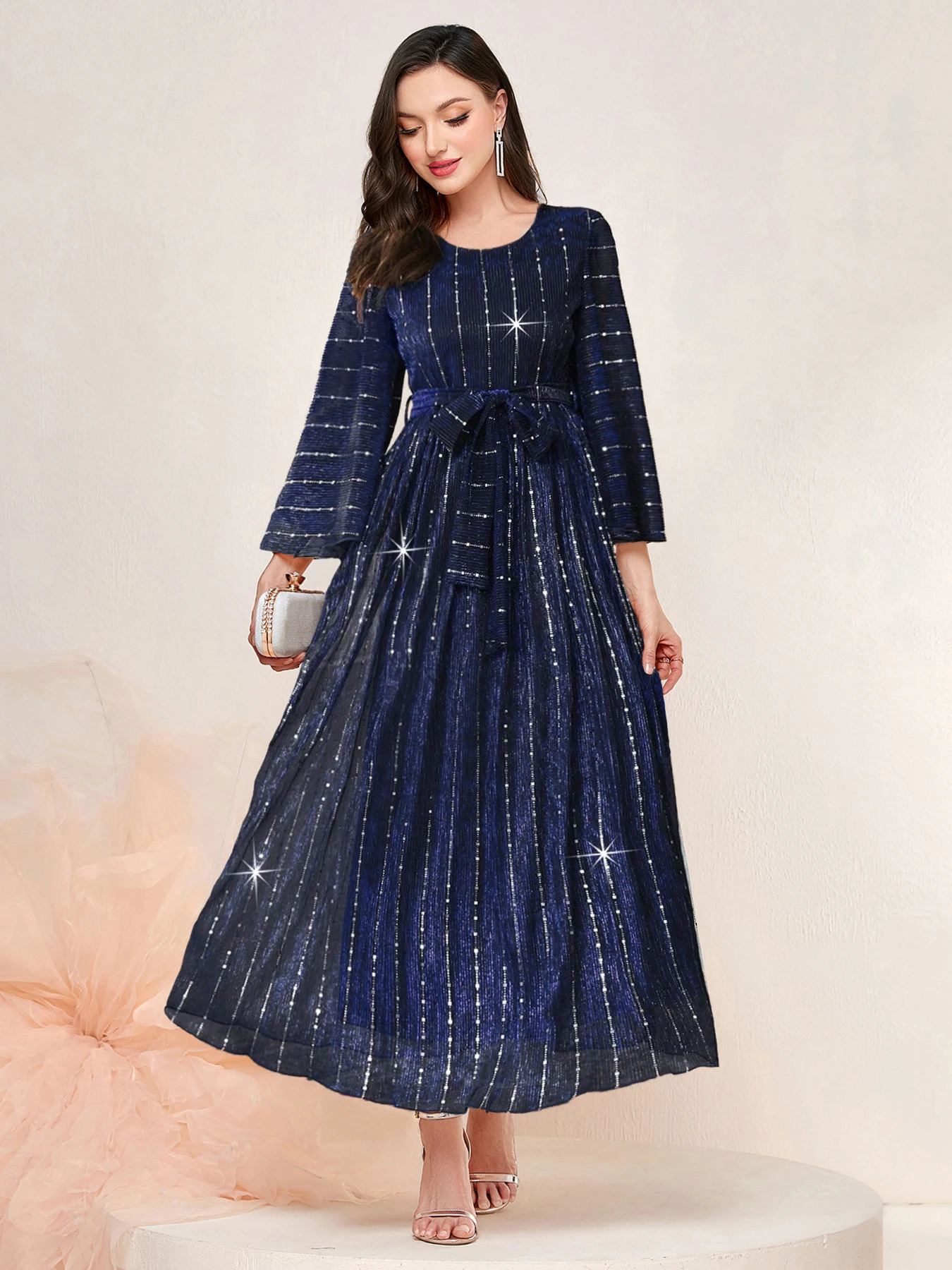 Ladies Round Neck Lotus Leaf Seven Quarter Sleeve Waist Cinched Pleated Sequin Belt Dress Middle Eastern Style 250103