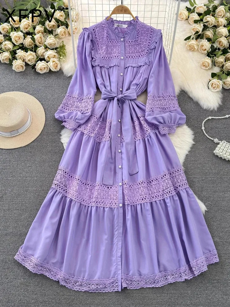 XFPV Women Sweet Temperament Lantern Sleeved Stand Collar Waistband Slim A-line Hollow Out Dress Vestidos Summer 2025 SM112 250103